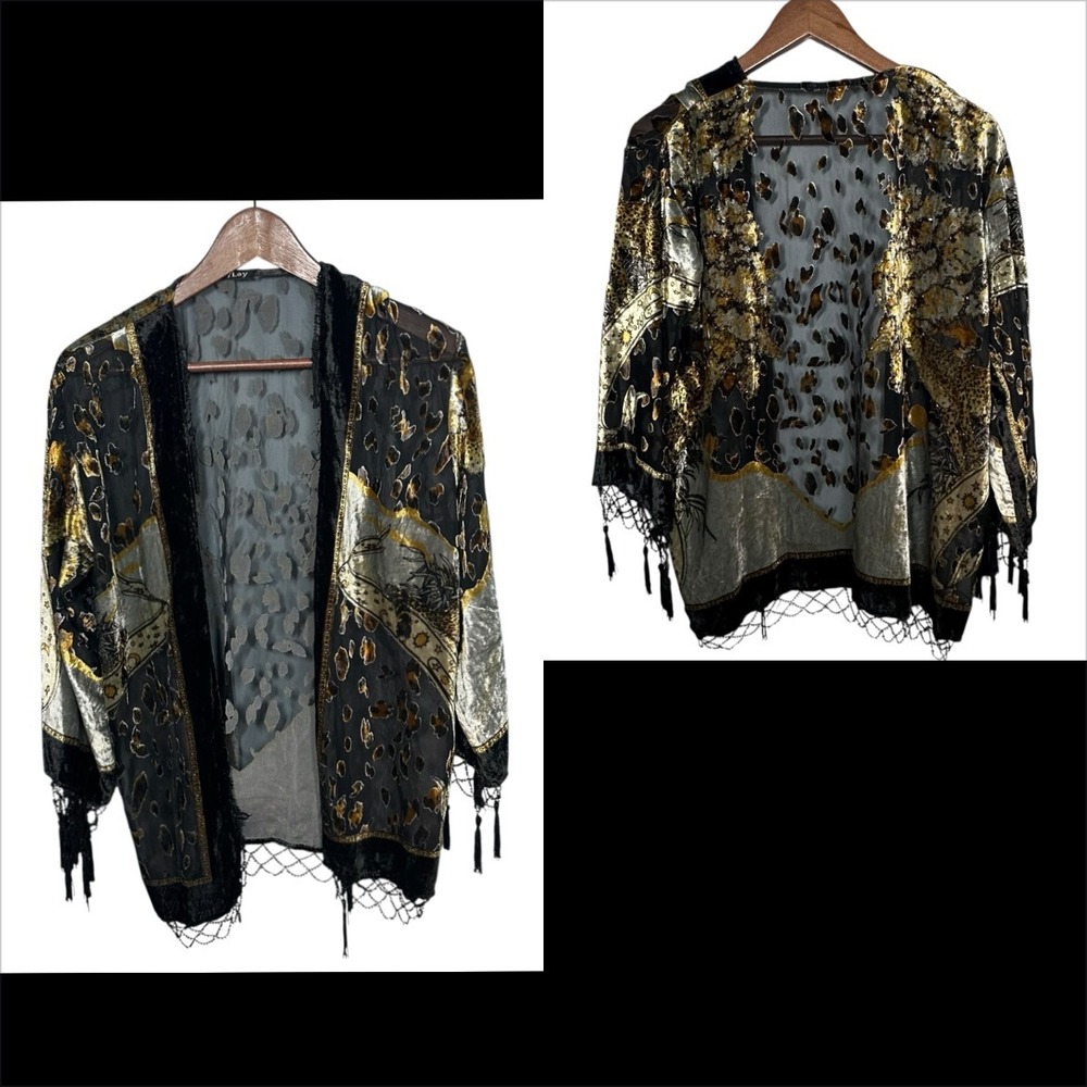 Jayley‎ Silk Blend Velvet Fringe Kimono Boho Festival Celestial Whimsigoth S-L - Picture 4 of 15